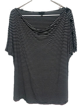 Talbots Striped Top Women’s XL Black White Drape Neck Button Shoulder Shirt